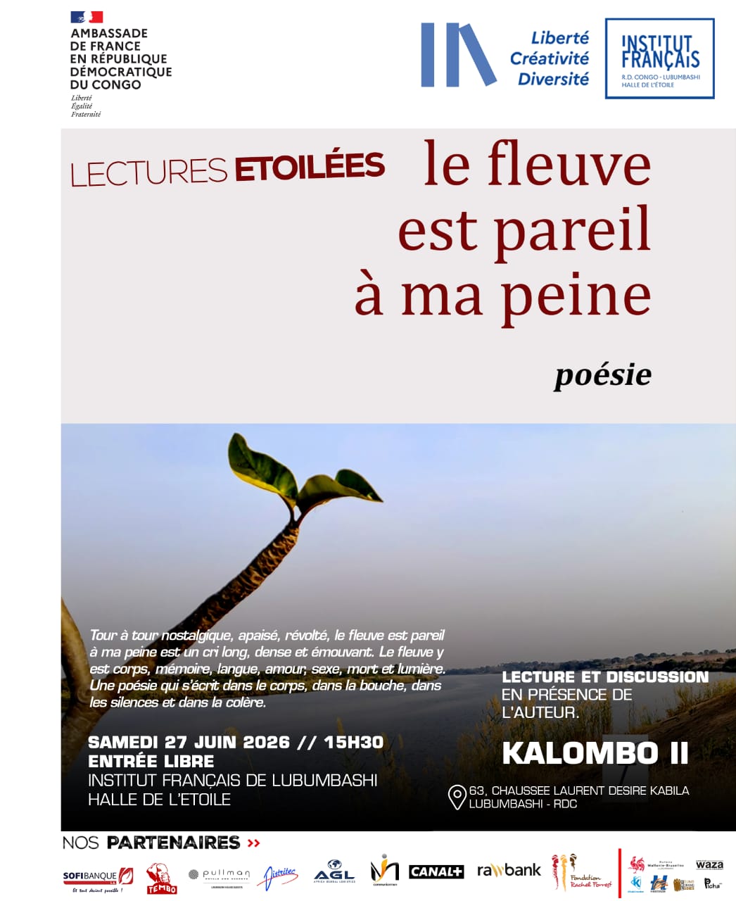 Lubumbashi : Kalombo II invité aux Lectures Étoilées pour son dernier livre "le fleuve est pareil à ma peine" qui sera lu et discuté